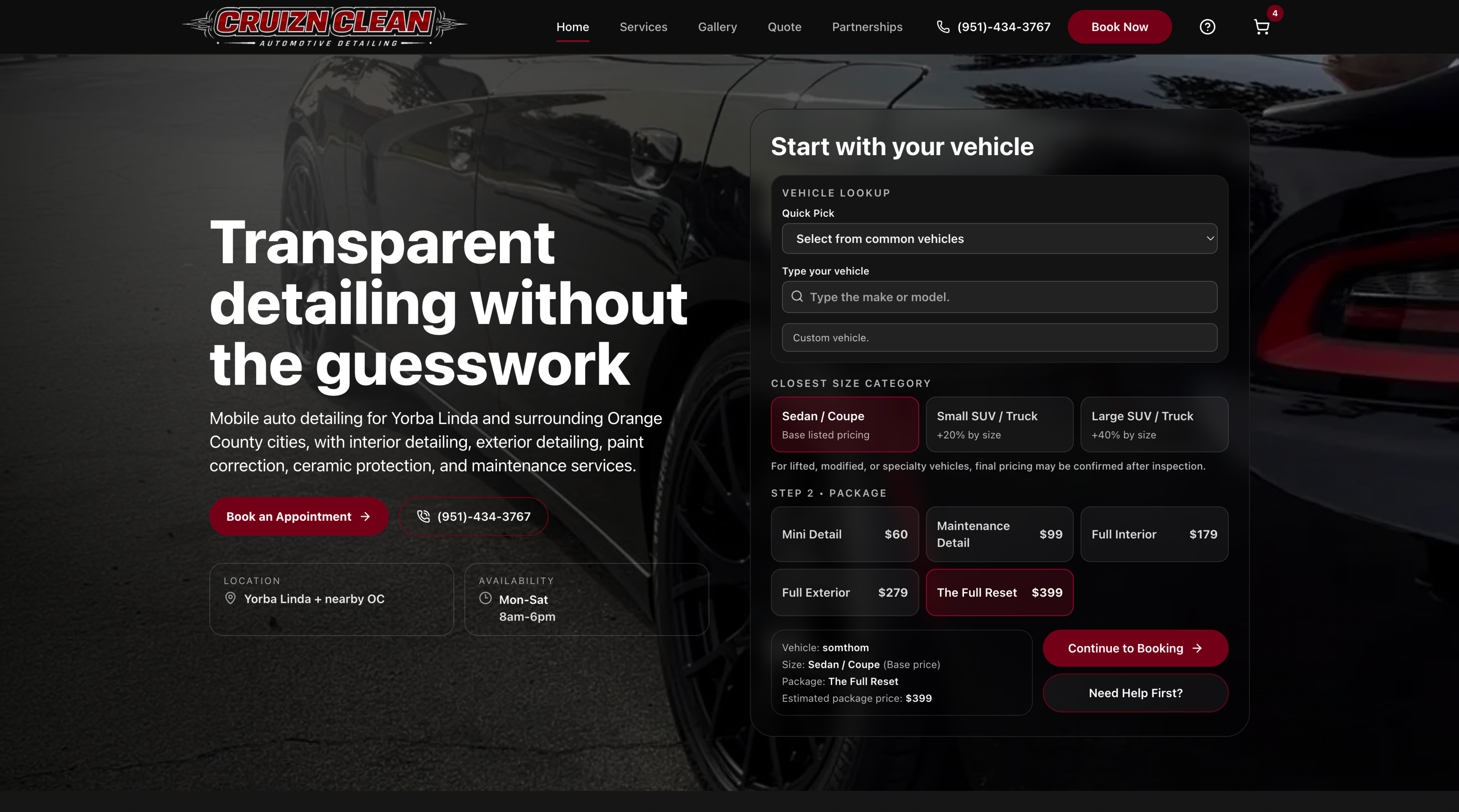 Cruzn Clean desktop homepage with vehicle lookup, detailing packages, and booking actions.