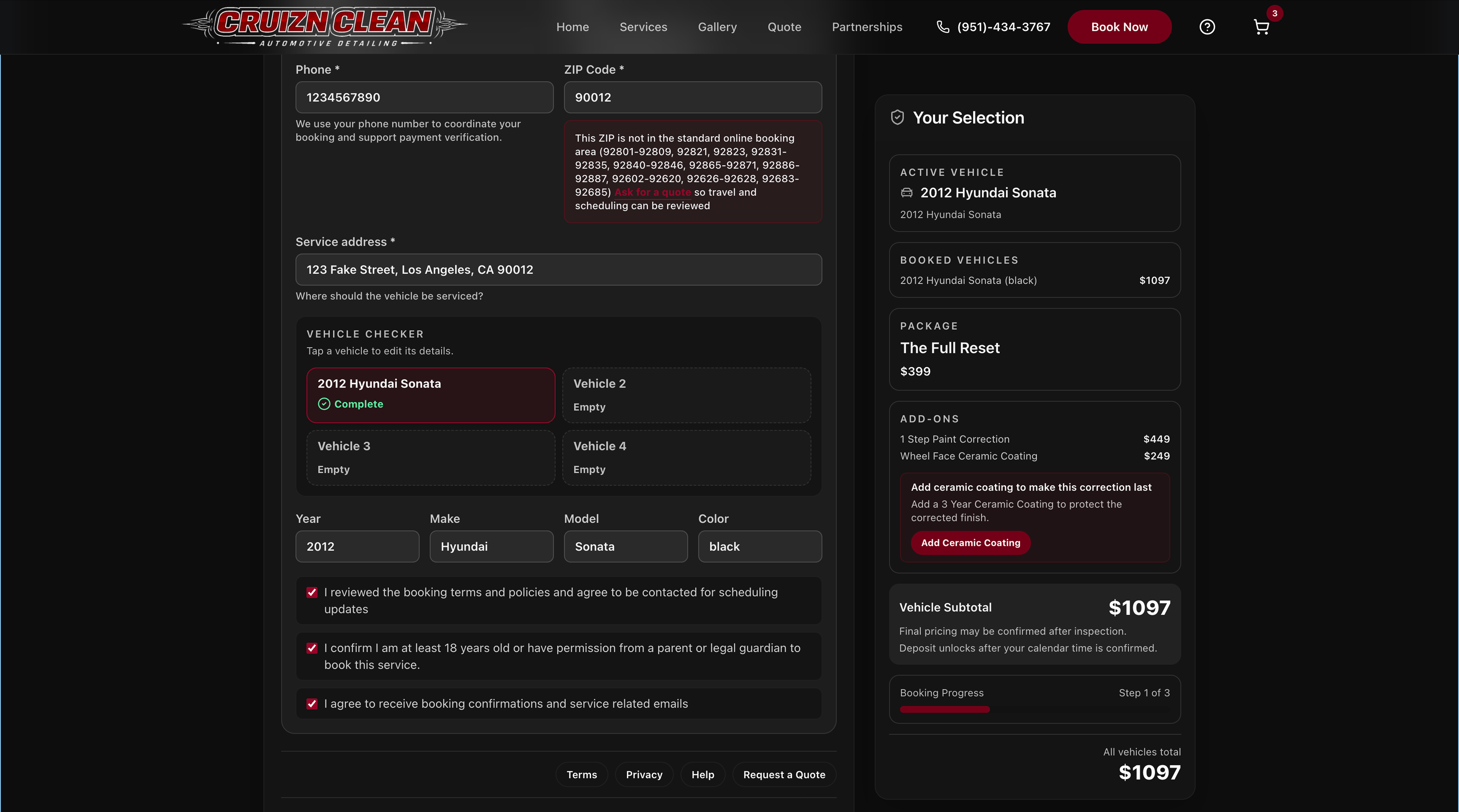 Cruzn Clean desktop customer information step with vehicle details and booking summary.