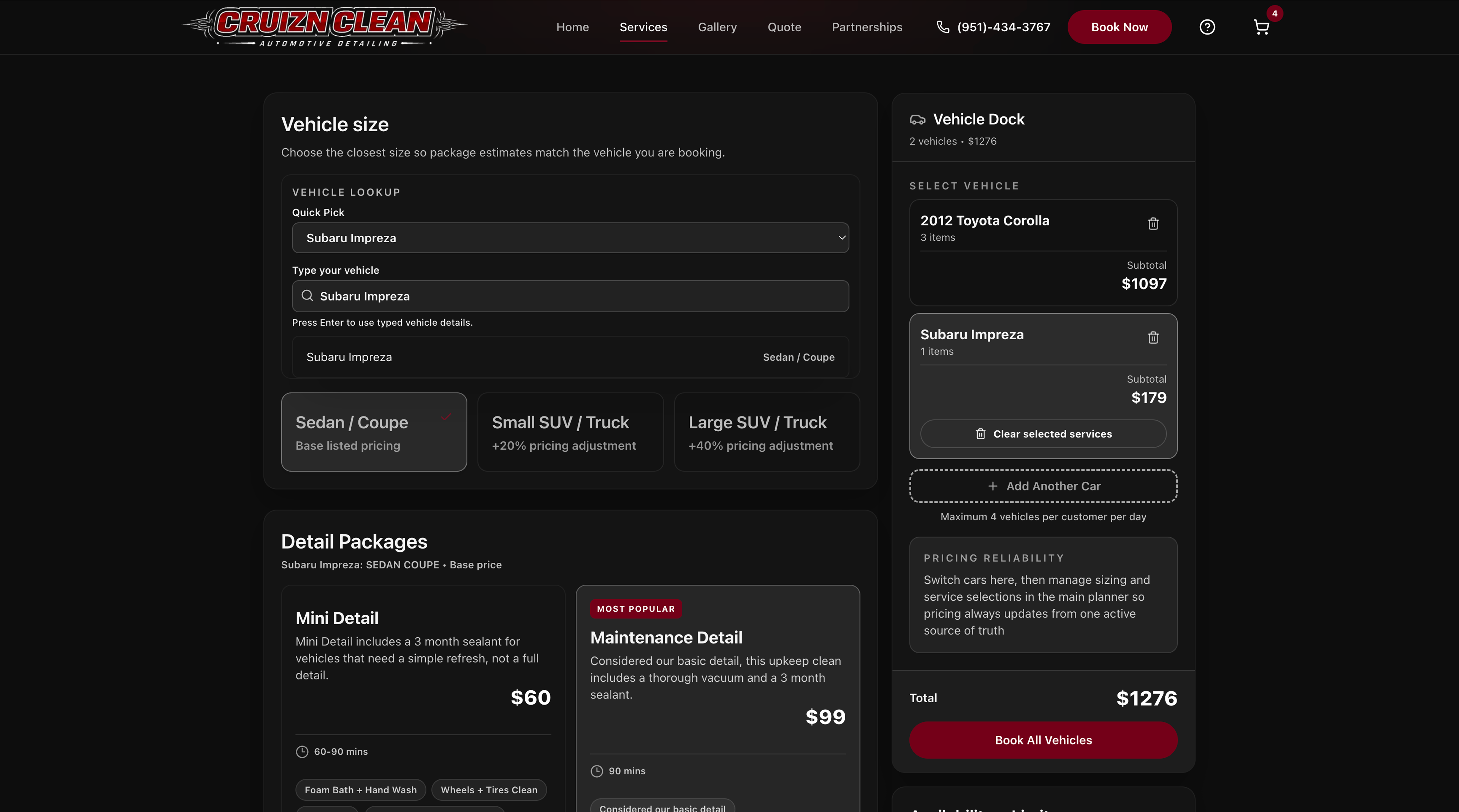 Cruzn Clean desktop service selection showing package options and a multi vehicle summary.
