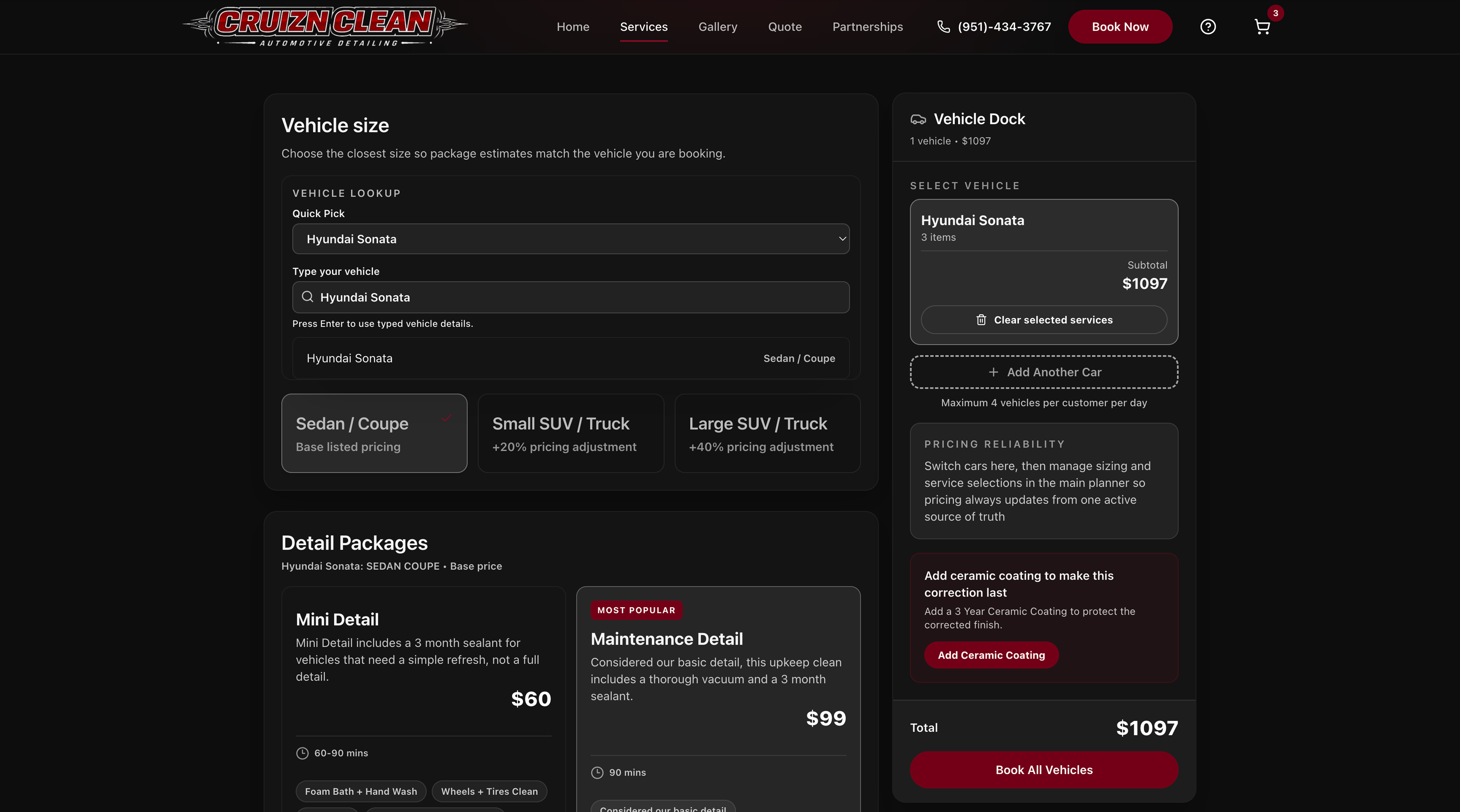 Cruzn Clean desktop service selection with vehicle size, detail packages, and vehicle dock.
