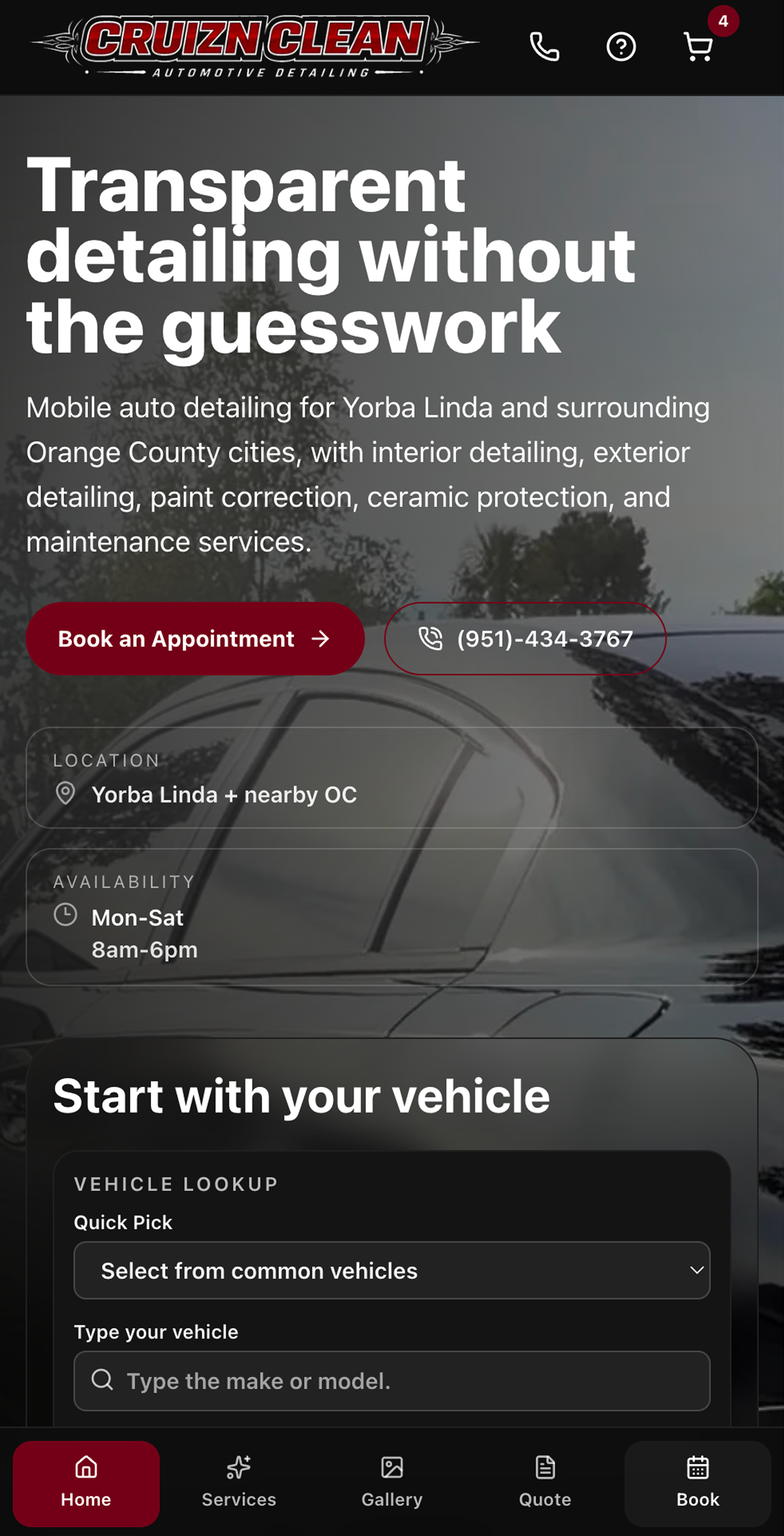 Cruzn Clean mobile homepage with booking and call actions, vehicle lookup, and bottom navigation.