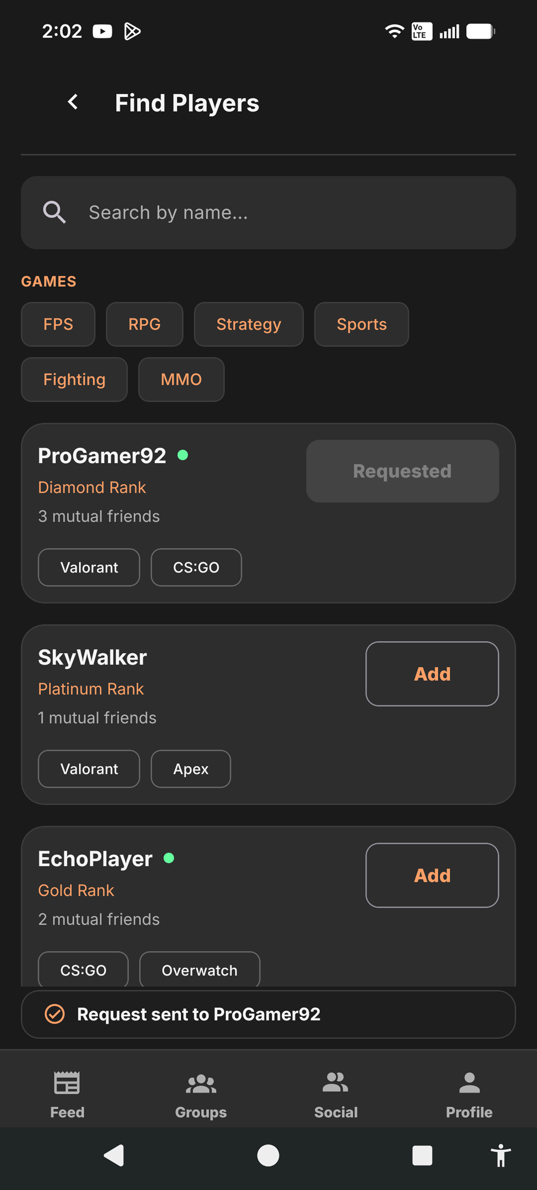 Game Mate Find Players screen with game filters, player cards, and connection actions.