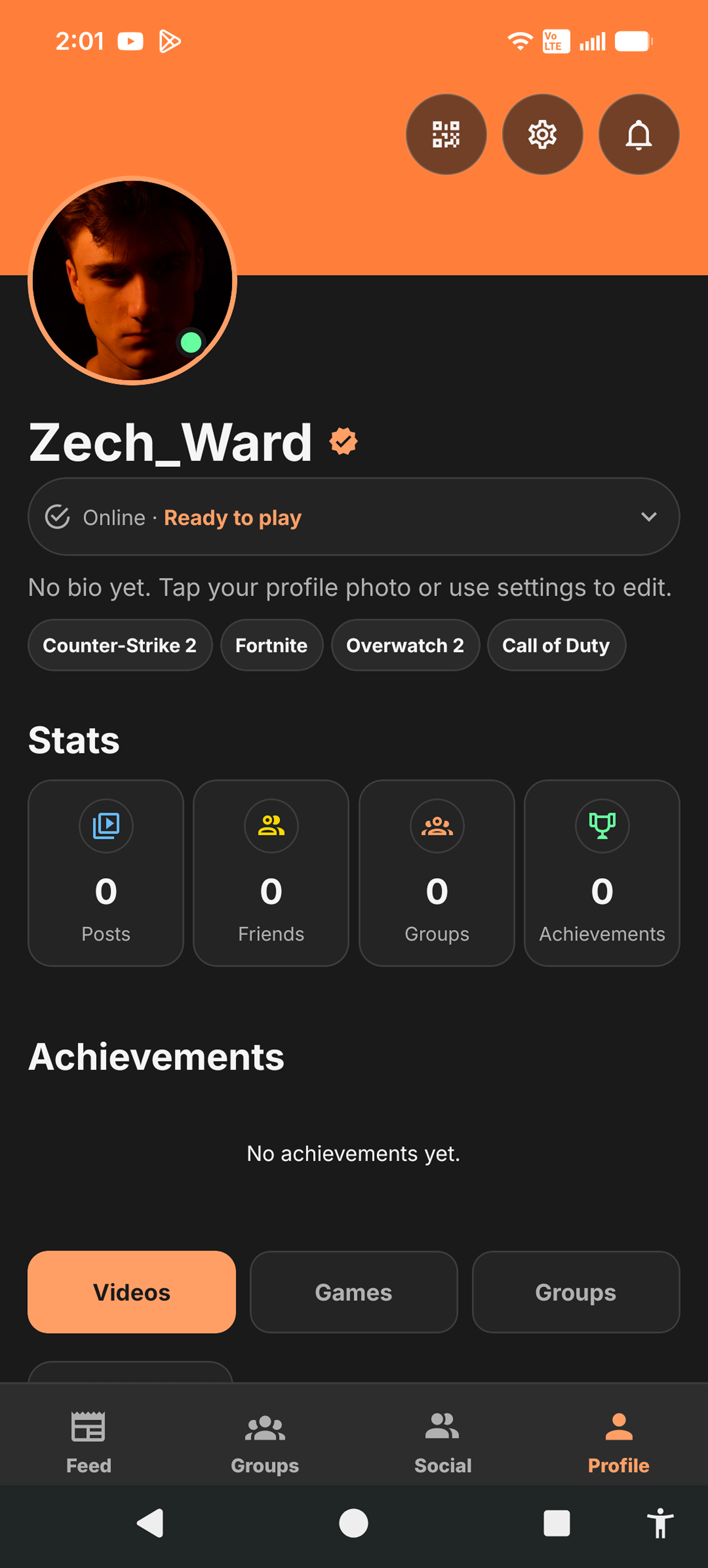 Game Mate player profile with status, preferred games, stats, and achievements.