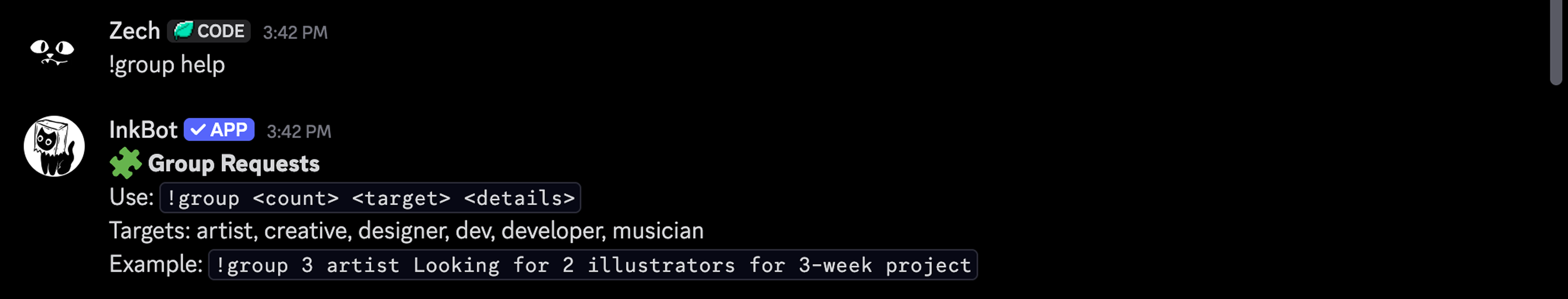 InkBot group request help response showing command syntax, targets, and an example.