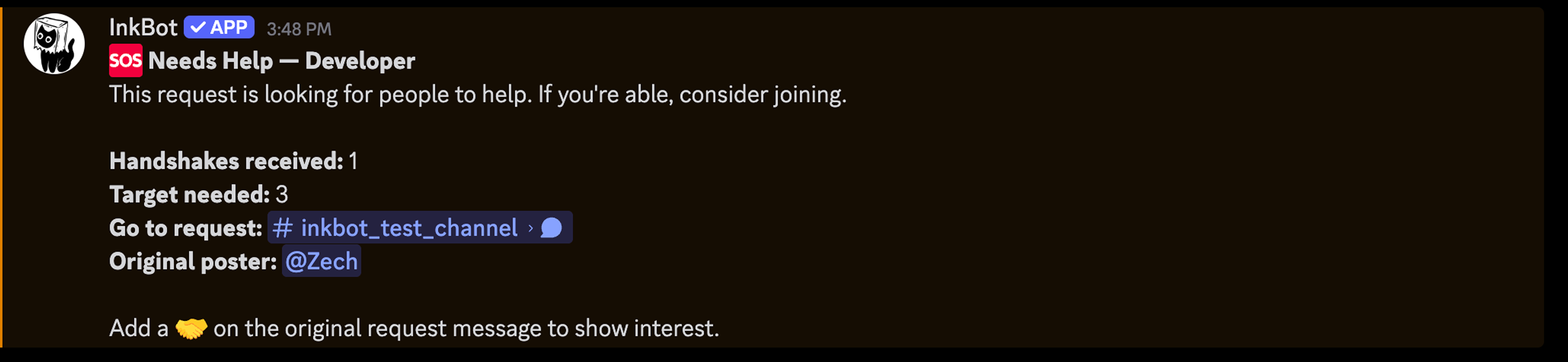 InkBot group request announcement showing the requested role, target count, channel, and original poster.