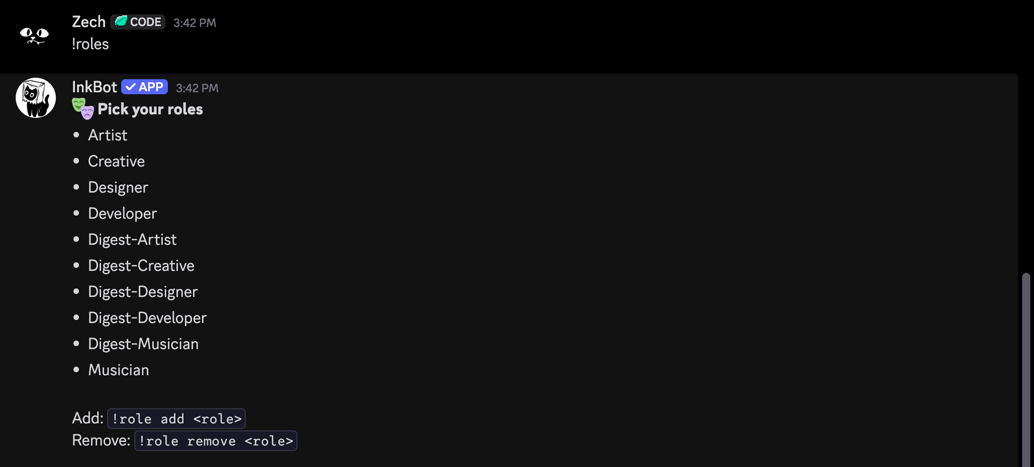 InkBot roles command showing available creative and development roles.