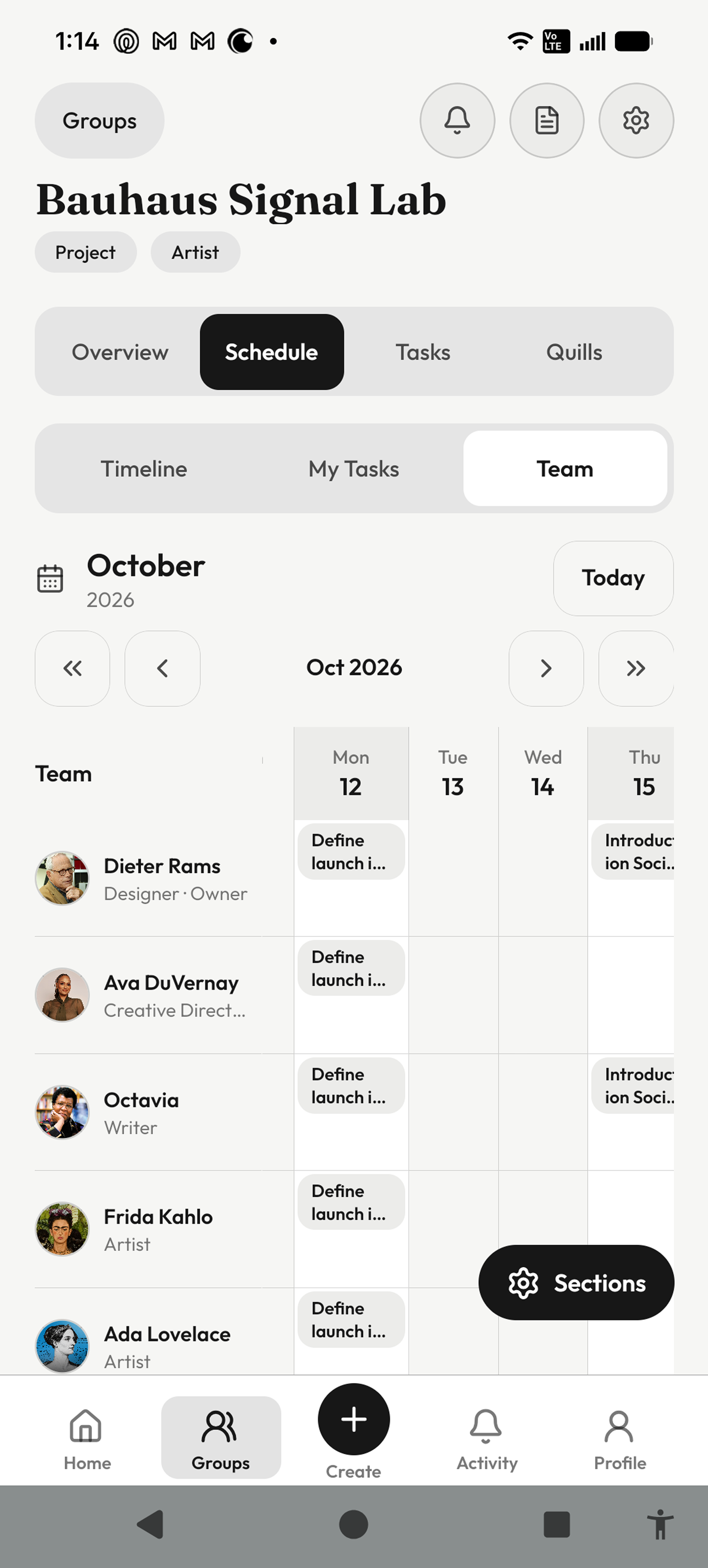 InkVein Group Schedule showing team members across a weekly timeline.
