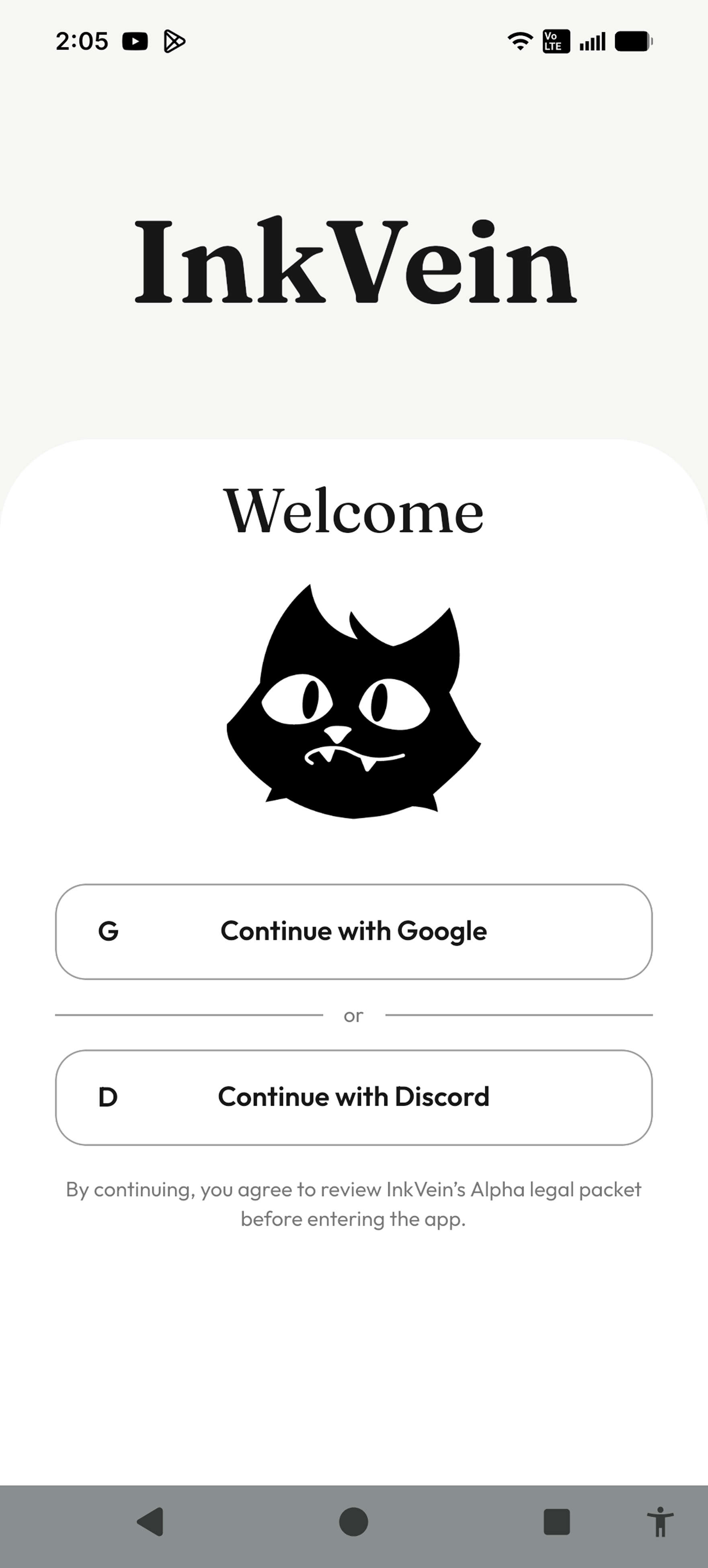 InkVein mobile welcome screen with Google and Discord sign in options.