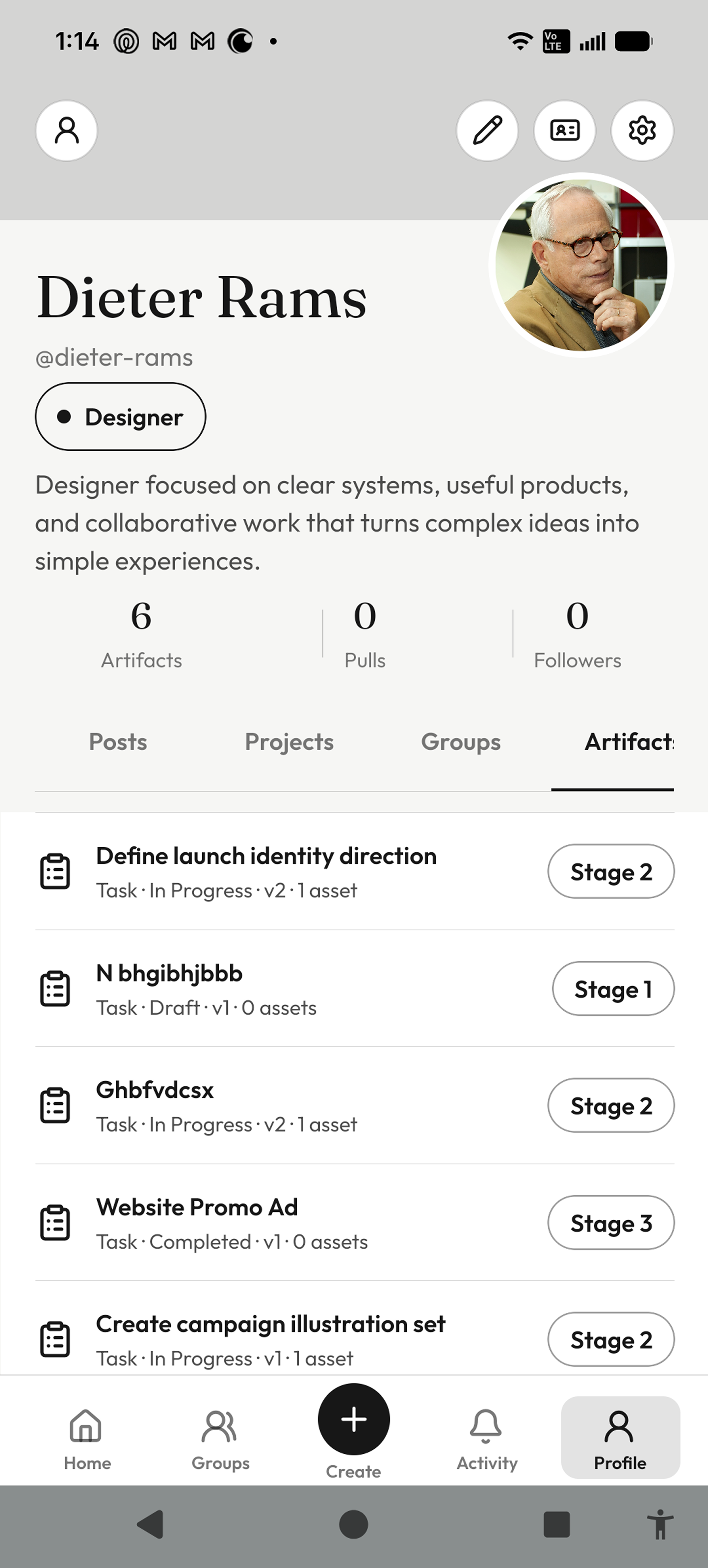 InkVein creator profile with the Artifact tab selected and a list of project tasks.