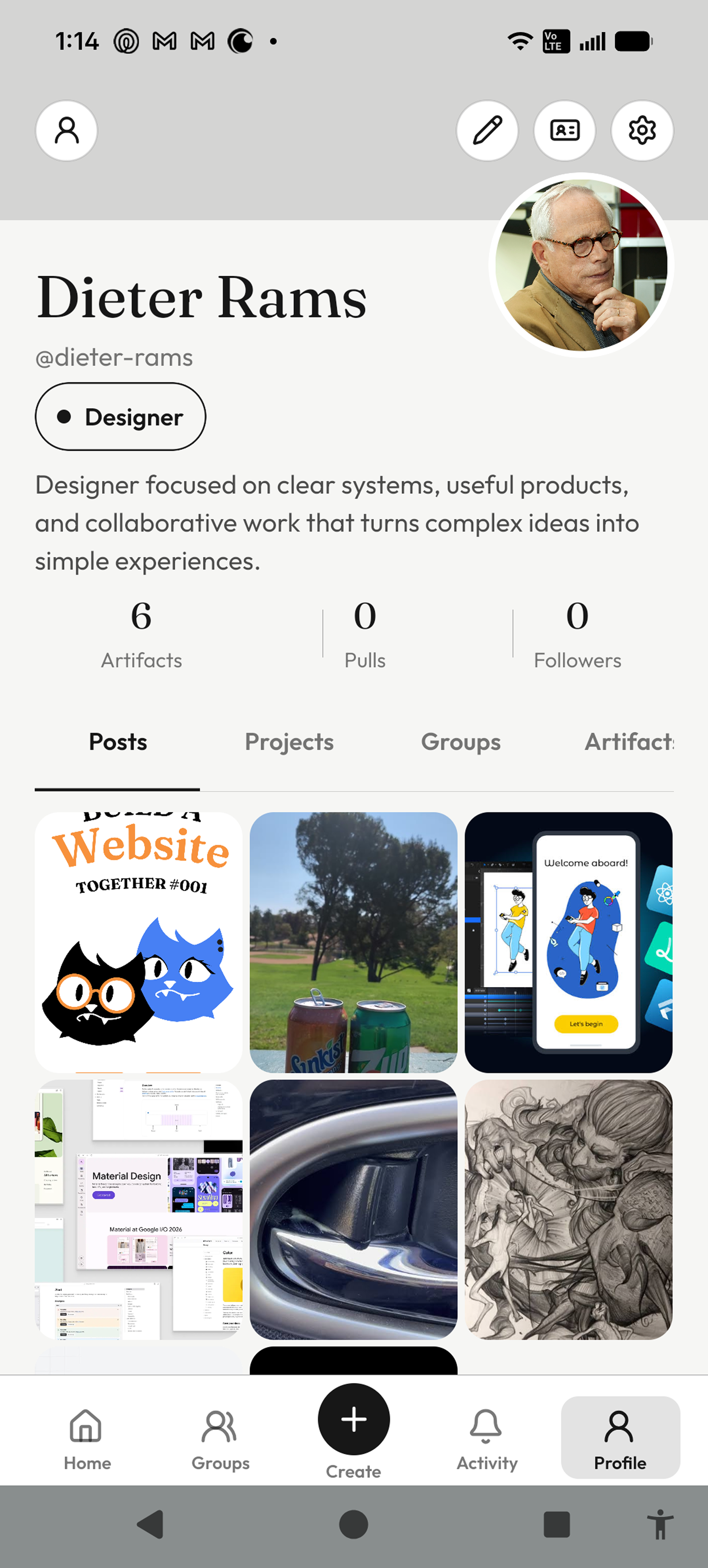 InkVein creator profile with the Posts tab selected and a grid of visual work.