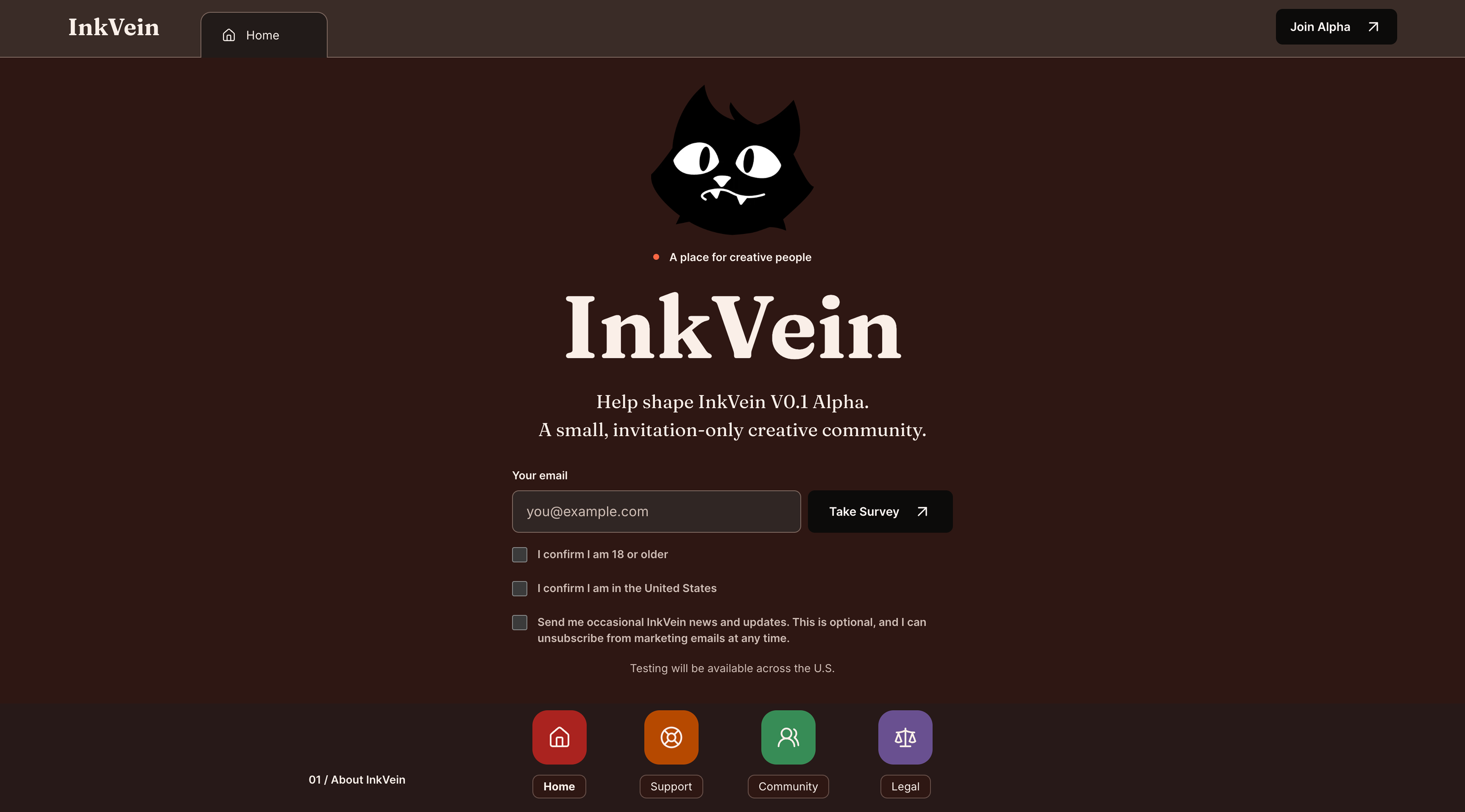 InkVein desktop Alpha landing page with the cat mark, email survey form, and feature links.