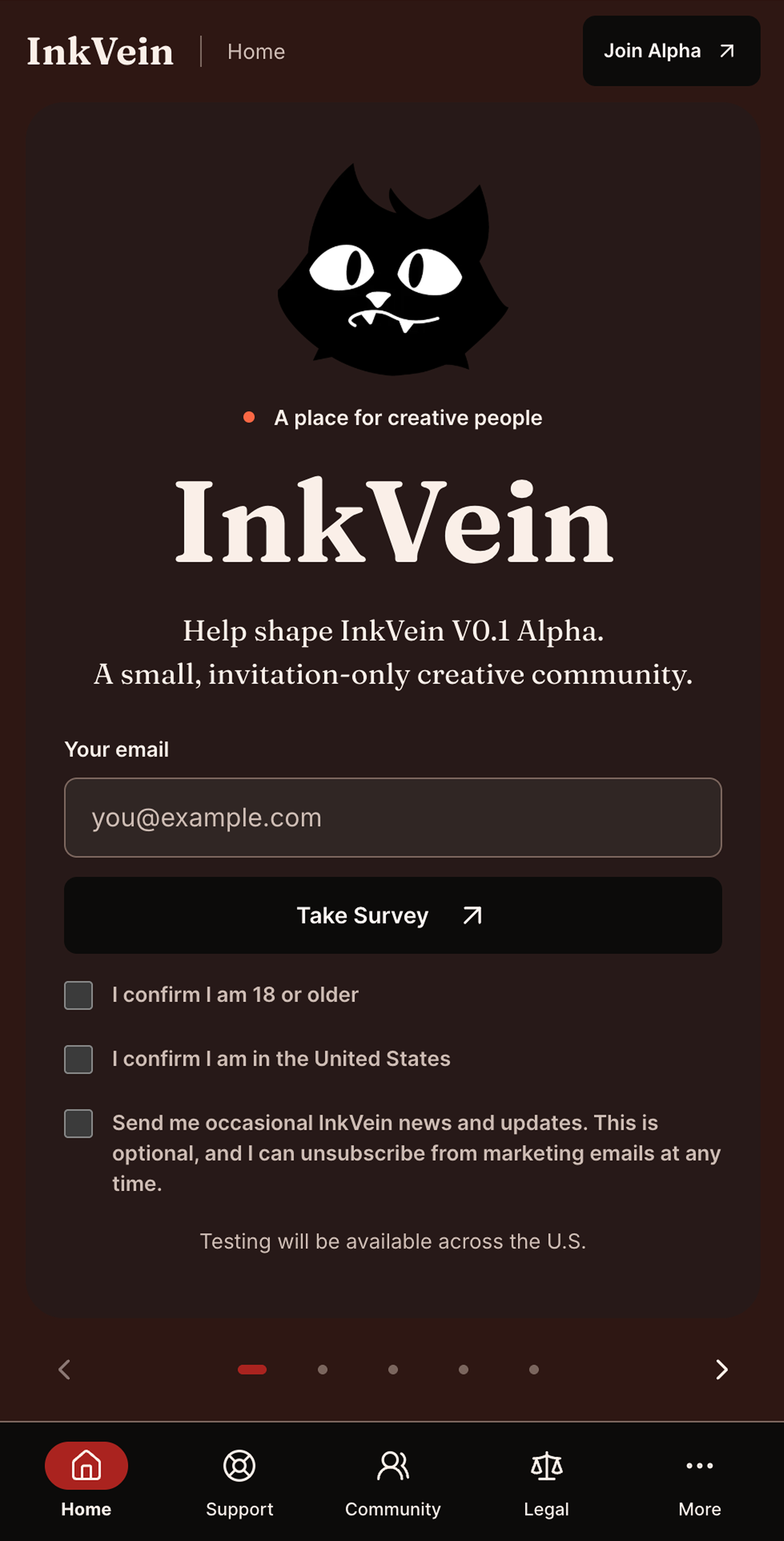 InkVein mobile Alpha landing page with survey form, eligibility confirmations, and bottom navigation.