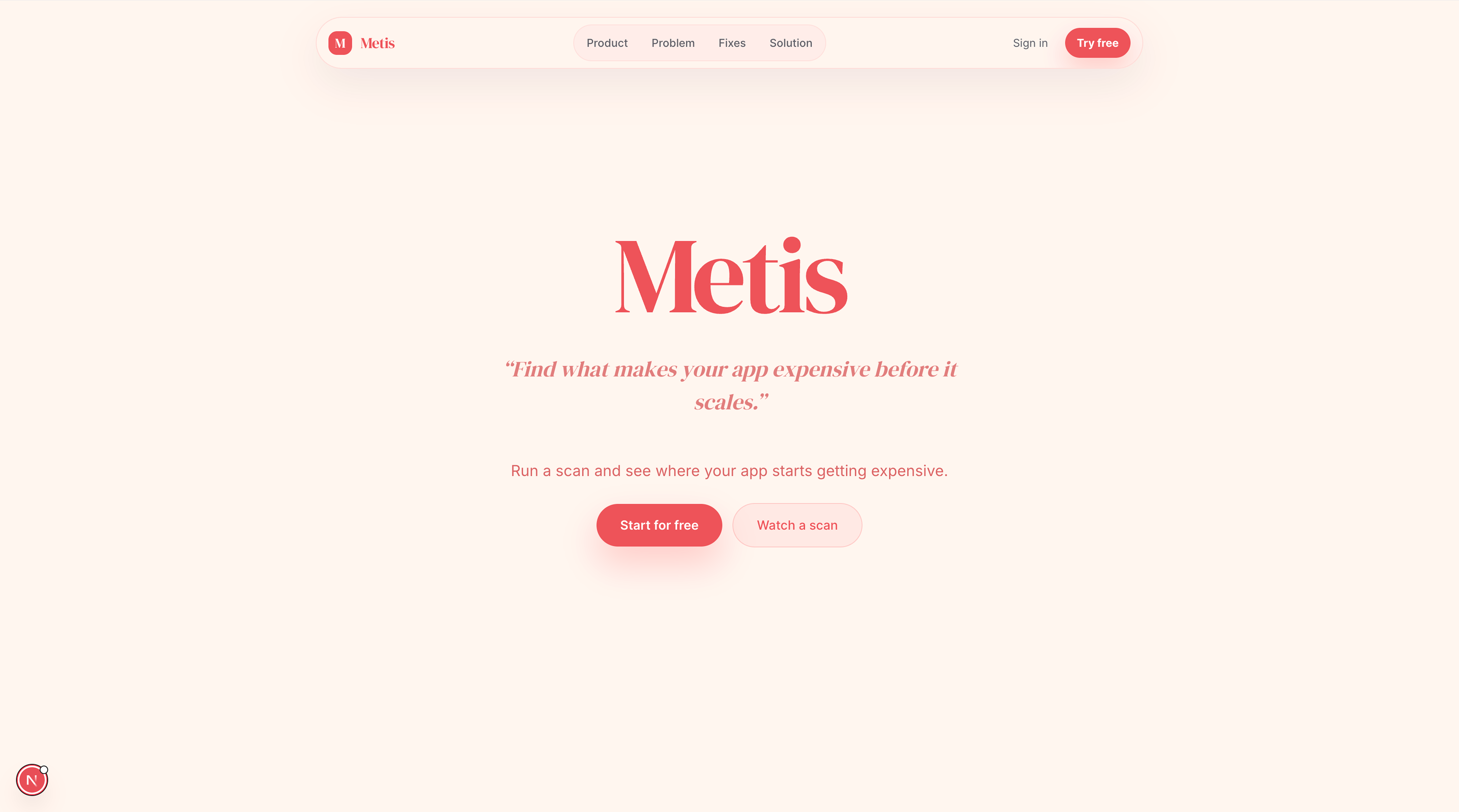 Metis desktop landing page with product statement and scan actions.