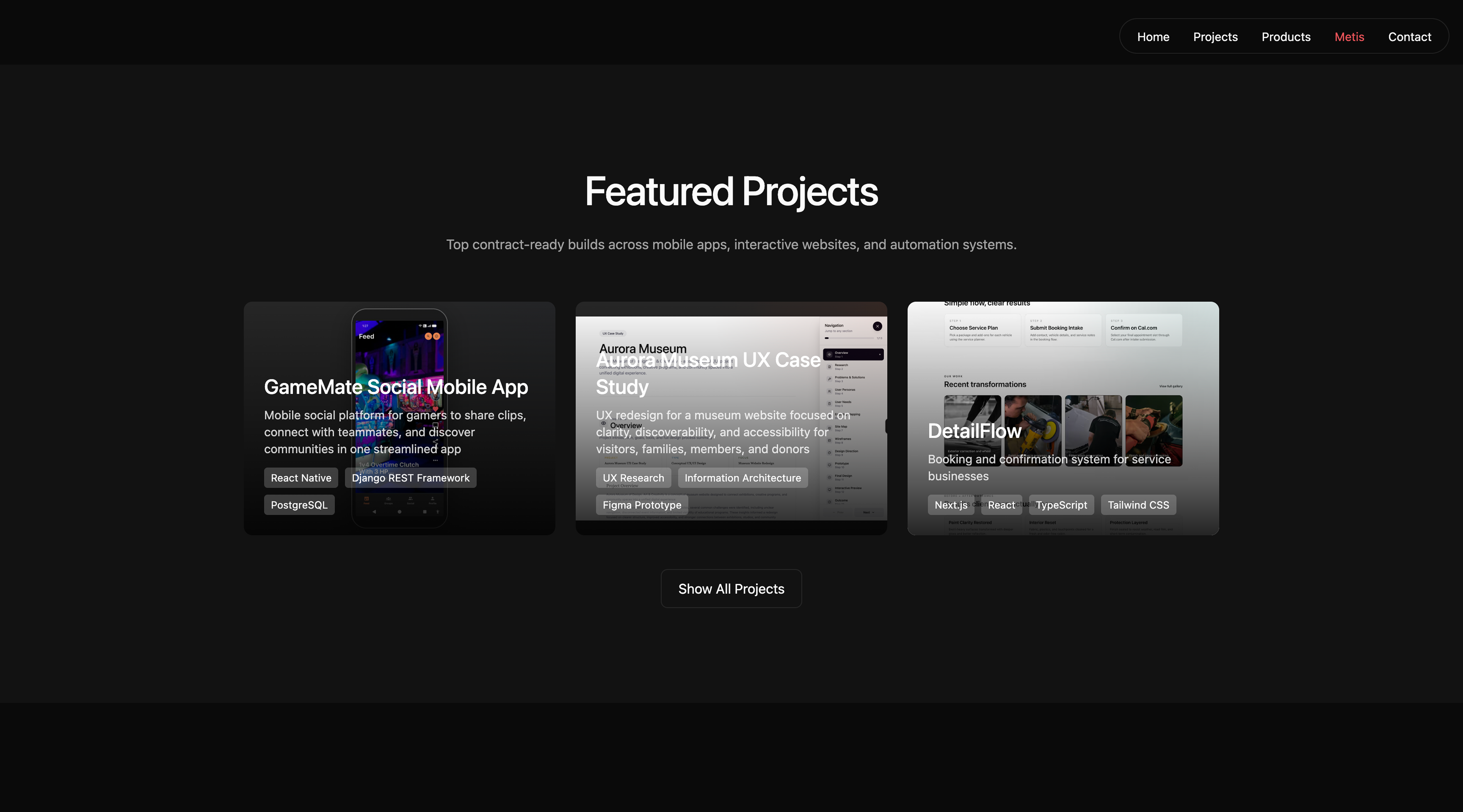 Ward Studio featured projects section with InkVein, Cruzn Clean, and Metis project cards.