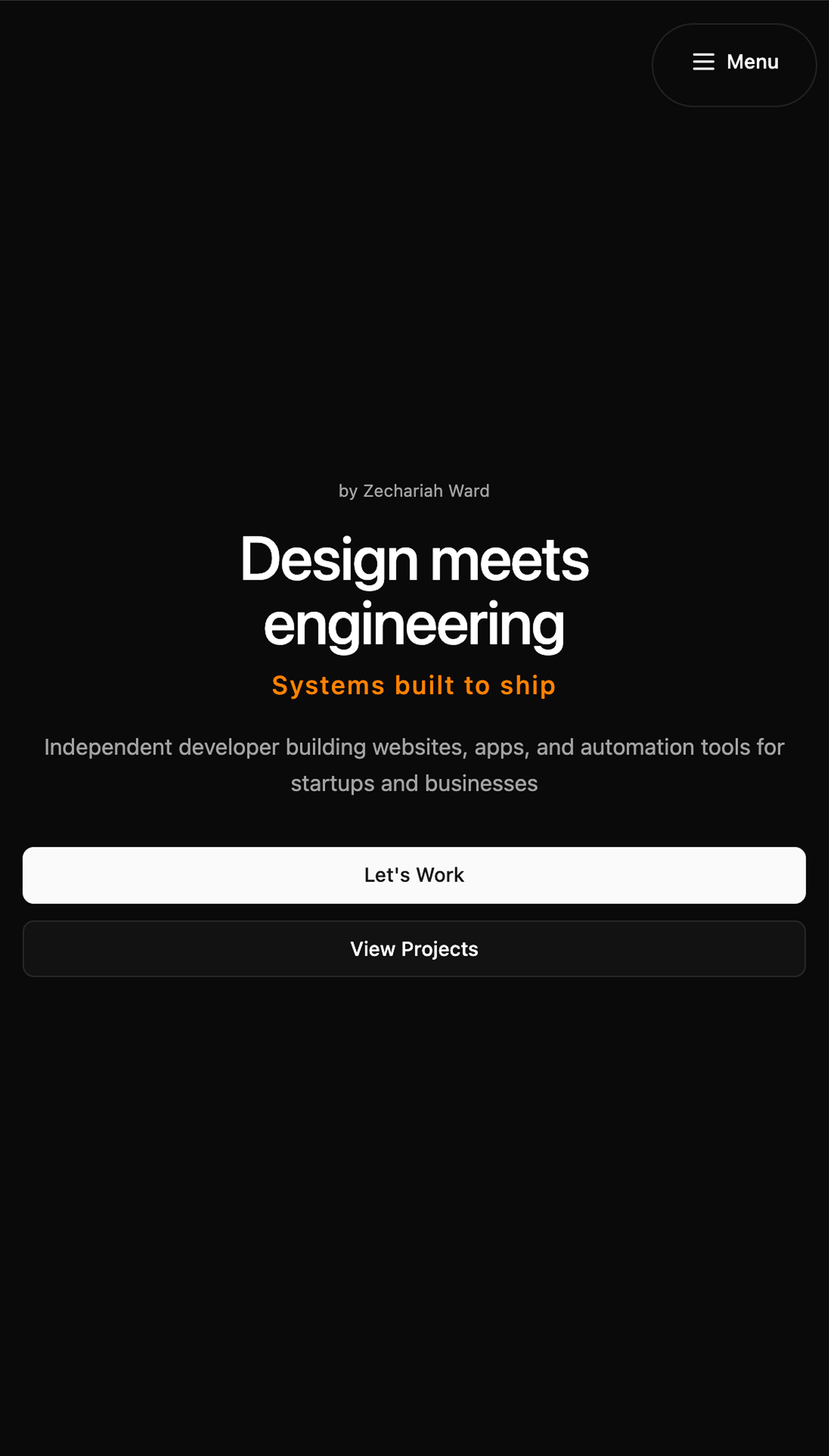 Ward Studio mobile landing page with stacked project actions and menu control.