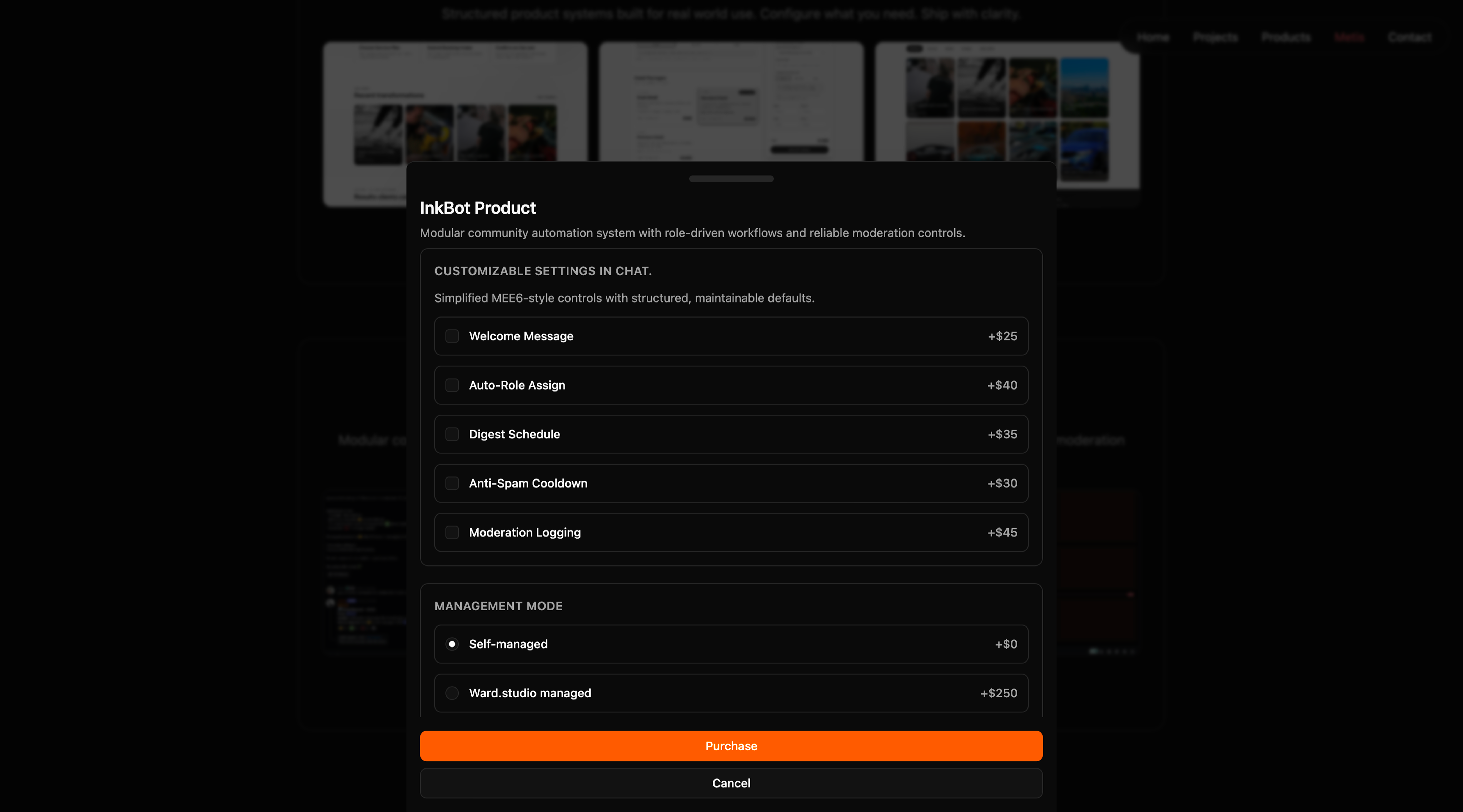 Ward Studio product drawer presenting project details over the website.